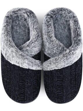 〽️Women's Black Slippers Closed Toe Winter Slip on No Heel Bedroom Home Shoes